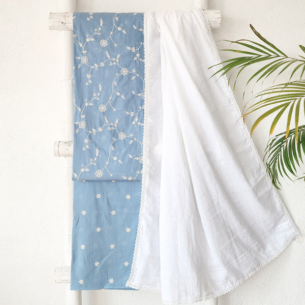 AARVI- Pure Cotton Pastel Blue And White Flower Jaal With Gold Sequence Embroidery Suit
