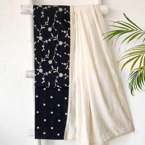 AARVI- Pure Cotton Black And White Flower Jaal With Gold Sequence Embroidery Suit