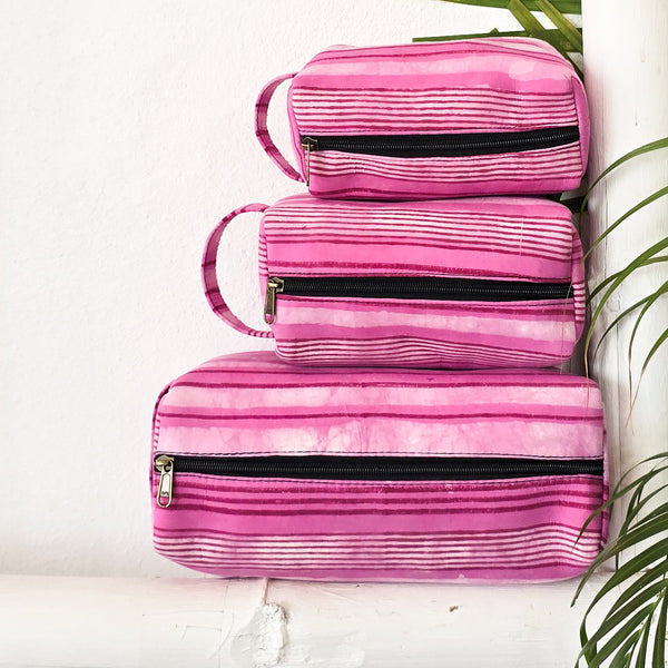 Travel Utility Multipurpose Pouches Pack Of 3 Dabu Pink Stripes