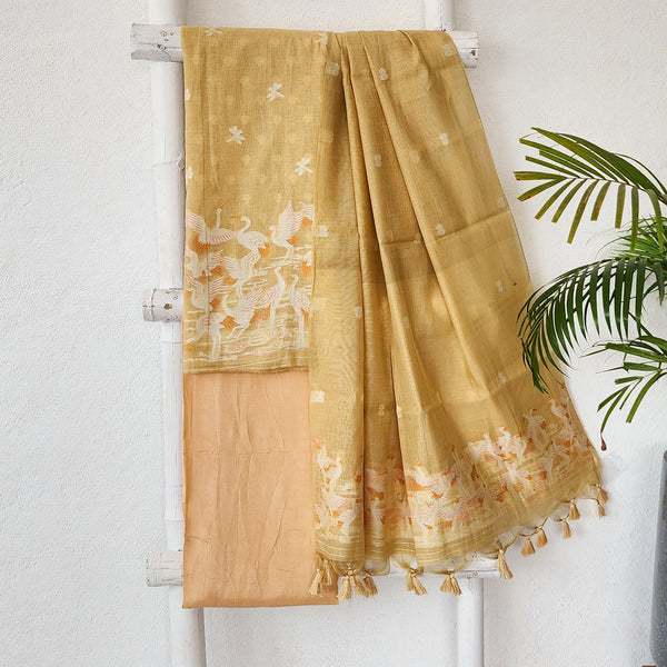 AARADHYA- Jamdani Light Golden Yellow  With Flamingo Design Top And Dupatta Suit