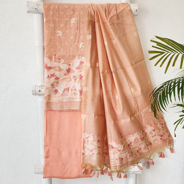 AARADHYA- Jamdani Peach  With Cranes Design Top And Dupatta Suit