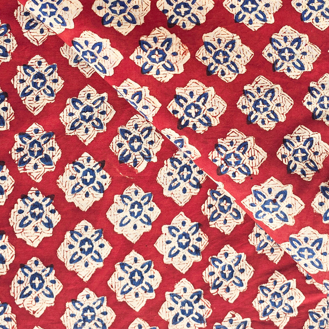(pre-cut 0.80 meter)Pure Cotton Mul Bagru Maroon And Cream With Blue S ...