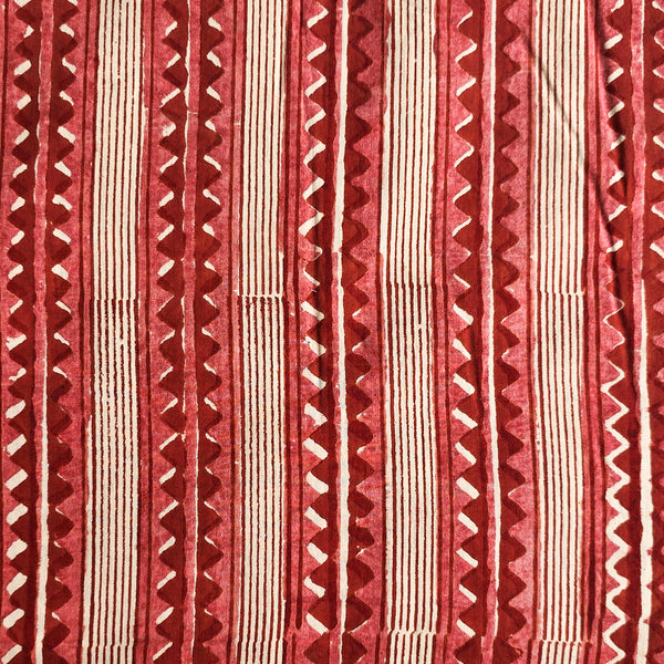 (PRE-CUT 1.45 METER) Pure Cotton Mul Bagru Red With Cream Triangle Stripes Border Hand Block Print Fabric