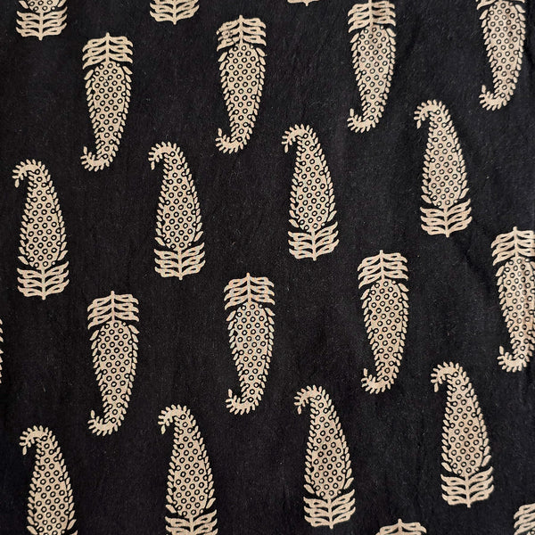 Pure Cotton Ajrak Vegetable Dyed Black With Cream Kairi Motifs Hand Block Print Fabric