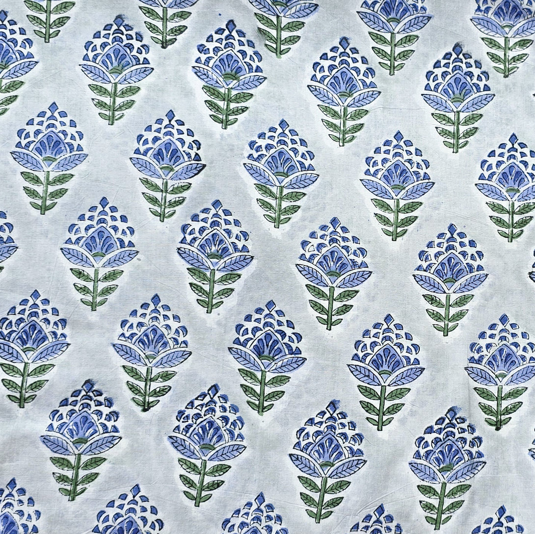 (PRE-CUT 2.30 METER) Pure Cotton Jaipuri Grey With Blue Flower Motif H ...