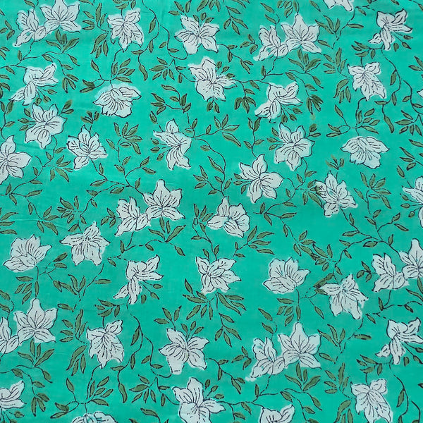 Pure Cotton Discharge Aqua With Flower Jaal  Hand Block Print Fabric