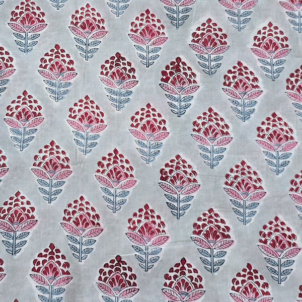 (PRE-CUT 1.50 METER) Pure Cotton Jaipuri Grey With Red Flower Motif Hand Block Print Fabric