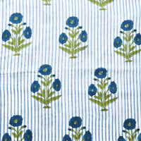 Pure Cotton Jaipuri White With Blue Stripes And  Flower Motif  Hand Block Print Fabric