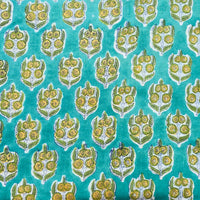 Pure Cotton Jaipuri Teal With Yellow  Flower Motif Hand Block Print Fabric