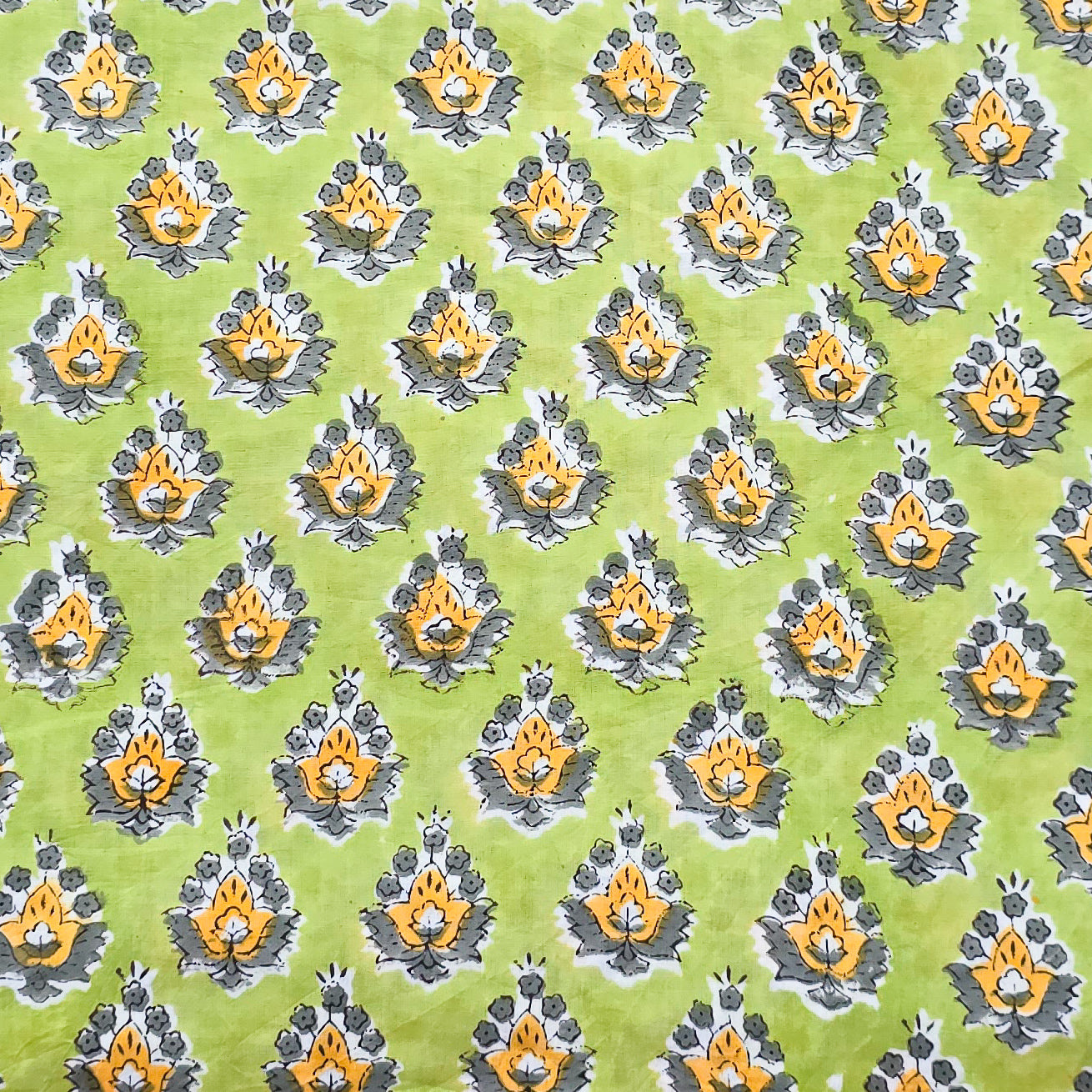 (PRE-CUT 1.85 METER) Pure Cotton Jaipuri Green With Yellow Flower Moti ...