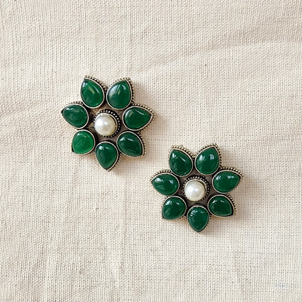 BALAMANI-Dark Green Stone German Oxidized Earring