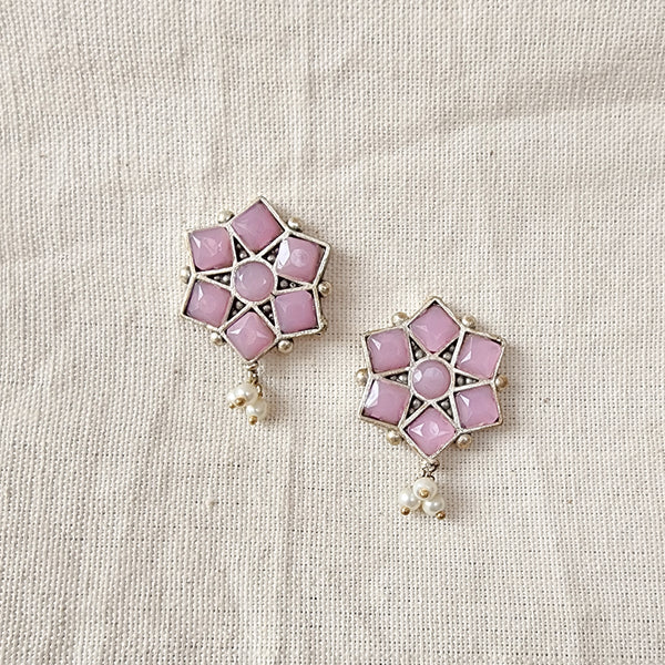 BALAMANI-Baby Pink Stone German Oxidized Earring