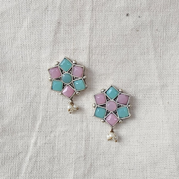 BALAMANI-Baby Pink With Sea Green Stone German Oxidized Earring