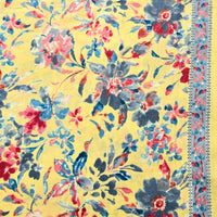 Pure Cotton Screen Print Yellow With Peach And Grey Flower Jaal Fabric