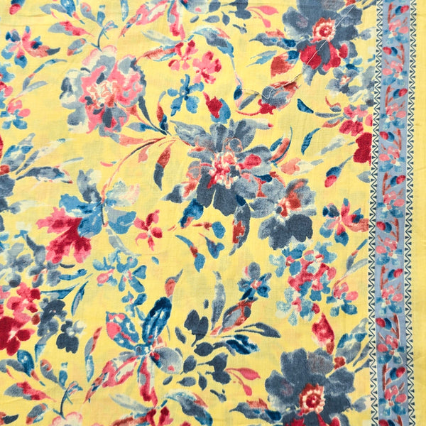 (PRE-CUT 2.30 METER) Pure Cotton Screen Print Yellow With Peach And Grey Flower Jaal Fabric