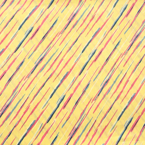 Pure Cotton Screen Print Yellow With Peach And Grey Slant Lines Fabric