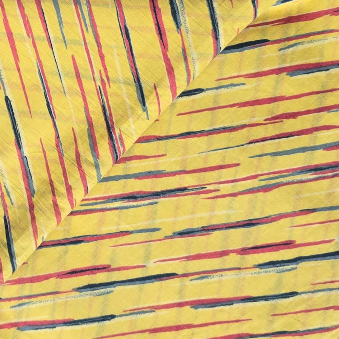 Pure Cotton Screen Print Yellow With Peach And Grey Slant Lines Fabric ...