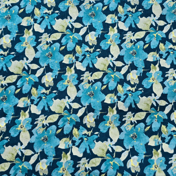 Pure Cotton Screen Print Blue With Light Yellow Flower Design Fabric