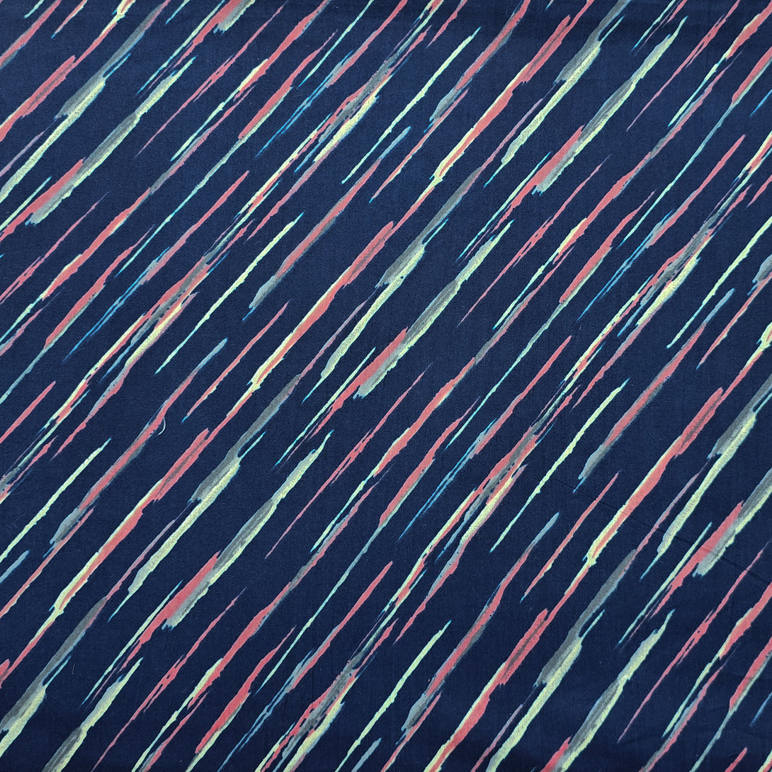 Pure Cotton Screen Print Blue With Peach And Yellow Slant Lines Fabric ...