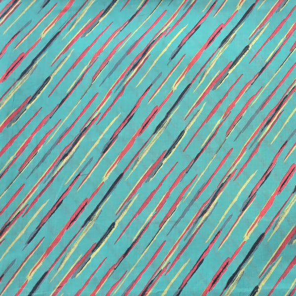 Pure Cotton Screen Print Sea Green With Peach And Yellow Slant Lines Fabric