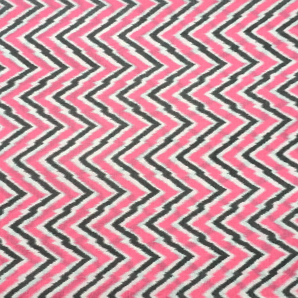 Pure Cotton Screen Print Pink With Dark Grey Zig-Zag Fabric