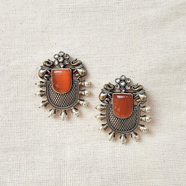 BALAMANI- Orange Stone Silver Stud German Oxidized Earrings