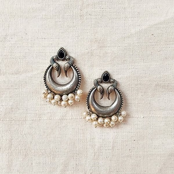 BALAMANI-Black Stone Chandbali With Pearls German Oxidized Earrings