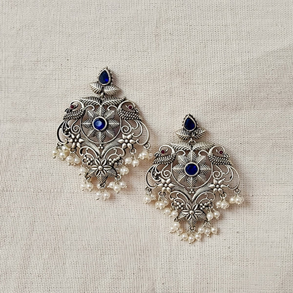 BALAMANI-Blue Stone Intricate Design German Oxidized Earring