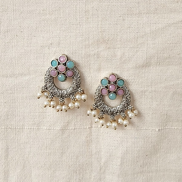 BALAMANI-Blue And Pink Stone Chandbali With Pearls German Oxidized Earrings