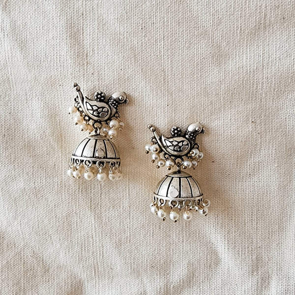 BALAMANI- The Dangling Pearl Parrots Jhumka German Oxidized Earrings