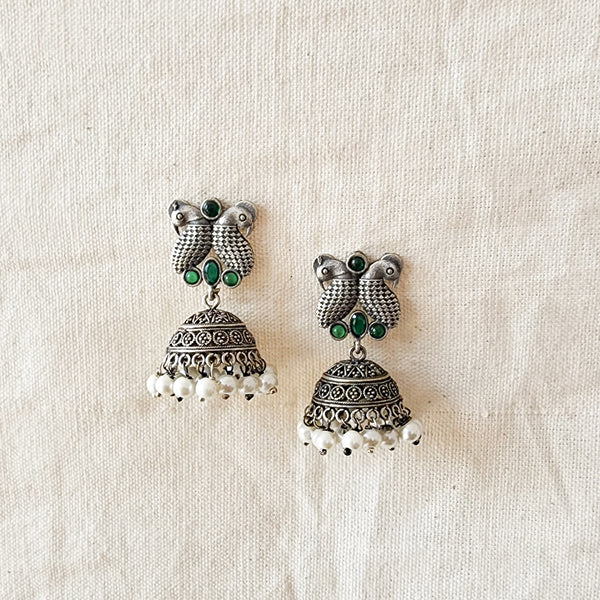 BALAMANI- Green Stone Bird Silver Jhumka German Oxidized Earrings