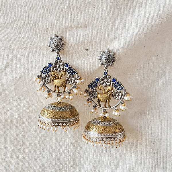 BALAMANI- Golden With Silver Blue Stone Pichwai Heavy Jhumka German Oxidized Earrings