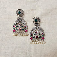 BALAMANI-Green And Pink Stone German Oxidized Earring