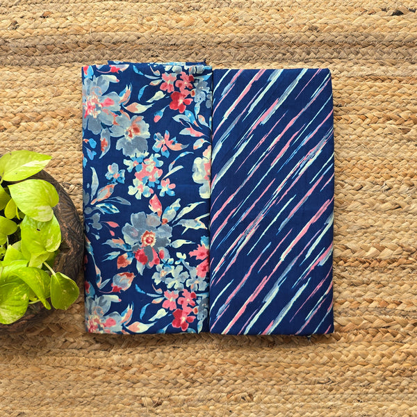 Top Bottom Combo Pure Cotton Screen Print Blue With Peach And Yellow Hand Block Print Fabric (2.5 Meters Each)