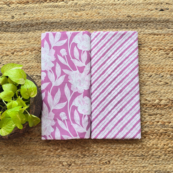 Top Bottom Combo Pure Cotton Screen Print Mauve With White Hand Block Print Fabric (2.5 Meters Each)