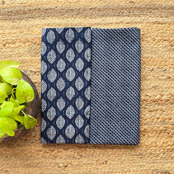 Top Bottom Combo Pure Cotton Screen Print Navy Blue With Grey Hand Block Print Fabric (2.5 Meters Each)