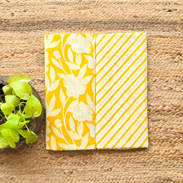 Top Bottom Combo Pure Cotton Screen Print Mustard With White Hand Block Print Fabric (2.5 Meters Each)