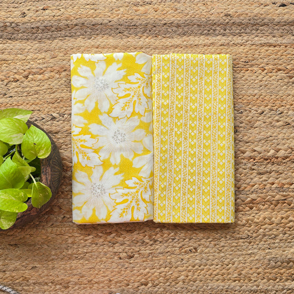 Top Bottom Combo Pure Cotton Screen Print Yellow With White Hand Block Print Fabric (2.5 Meters Each)