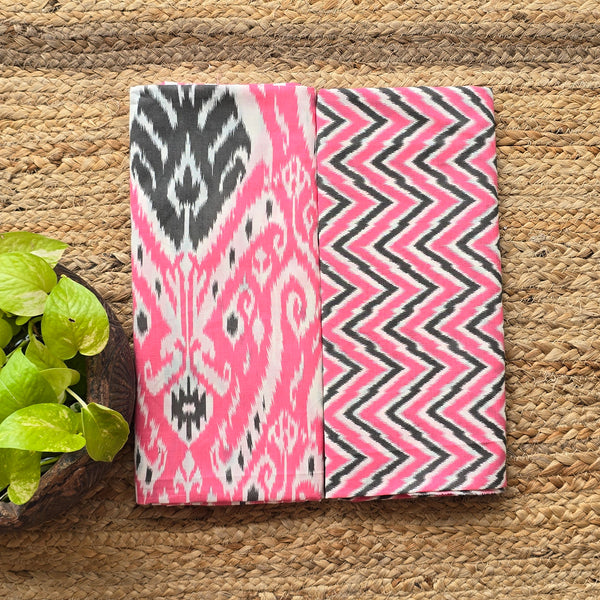 Top Bottom Combo Pure Cotton Screen Print Pink With White Hand Block Print Fabric (2.5 Meters Each)