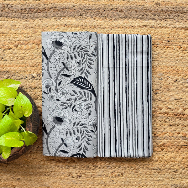 Top Bottom Combo Pure Cotton Screen Print Grey With Black Hand Block Print Fabric (2.5 Meters Each)