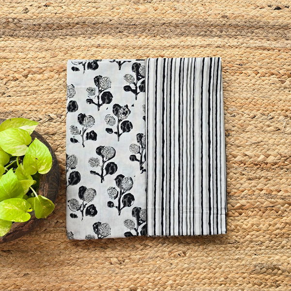 Top Bottom Combo Pure Cotton Screen Print Grey With Black Hand Block Print Fabric (2.5 Meters Each)