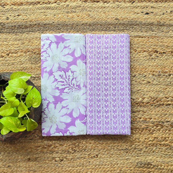 Top Bottom Combo Pure Cotton Screen Print Purple With White Hand Block Print Fabric (2.5 Meters Each)