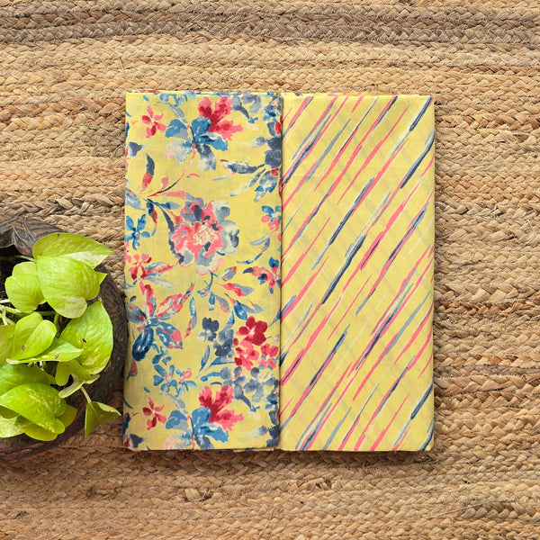 Top Bottom Combo Pure Cotton Screen Print Yellow With Peach And Grey Hand Block Print Fabric (2.5 Meters Each)