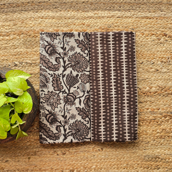 Top Bottom Combo Pure Cotton Screen Print Light Beige With Brown Hand Block Print Fabric (2.5 Meters Each)