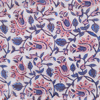 Pure Cotton Jaipuri  White With Blue And Pink Flower Jaal Hand Block Print Fabric