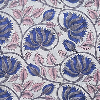 Pure Cotton Jaipuri  White With Blue Flower Jaal   Hand Block Print Fabric