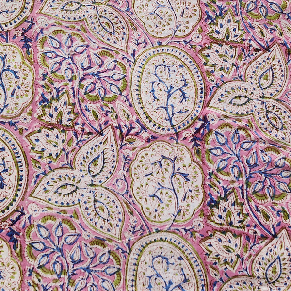 ( Pr-cut 1.45 Meter ) Pure Cotton Jaipuri Pink With White And Green  Intricate Flower Design Hand Block Print Fabric
