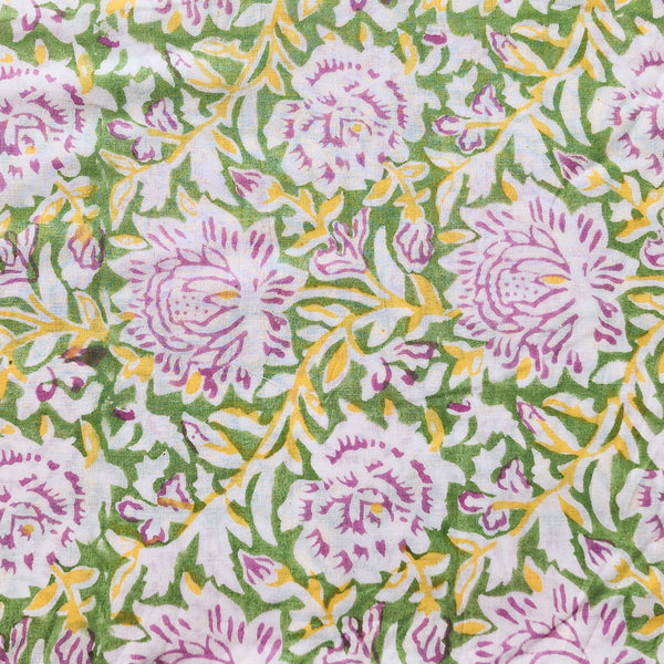 (Pre-Cut 0.95 Meter) Pure Cotton Jaipuri Green With Big Flower Jaal  Hand Block Print Fabric