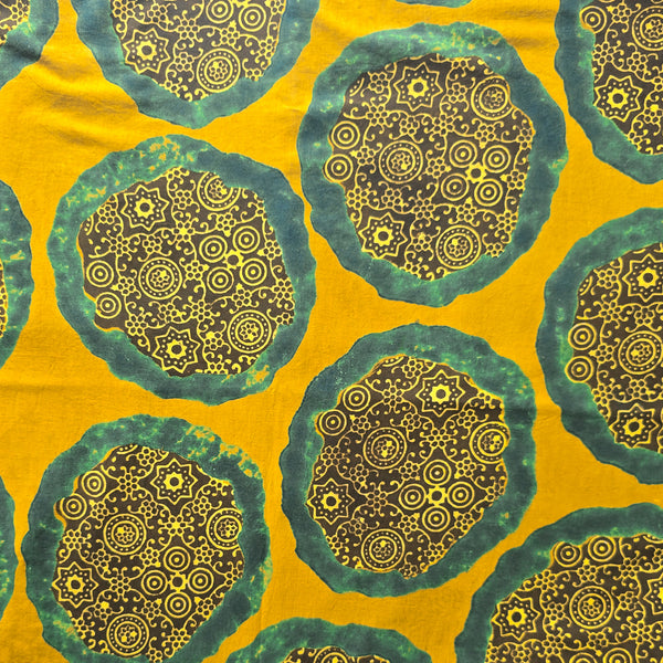 ( Pre-Cut 1.95 Meter ) Pure Cotton Ajrak Yellow With Green And Black Intricate Design Motif Hand Block Print Fabric