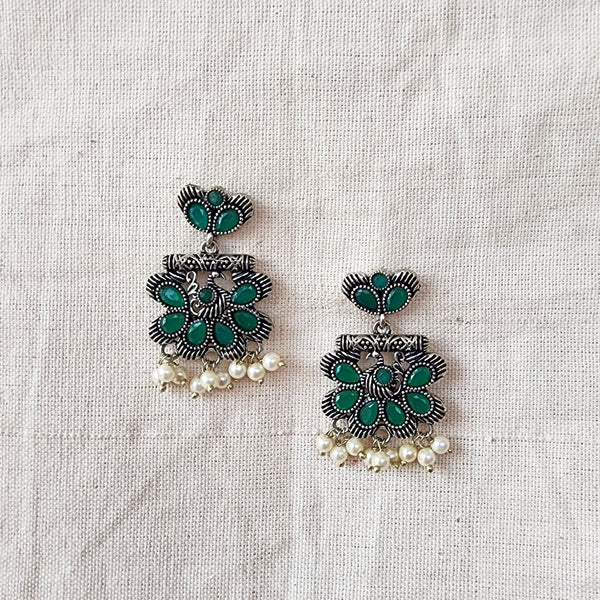 BALAMANI- Green Stone With Pearls German Oxidized Earring